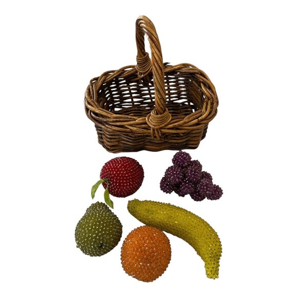 VTG Beaded Faux Fruit Set in Wicker Basket – 6-Piece Decorative Display - Picture 2 of 6